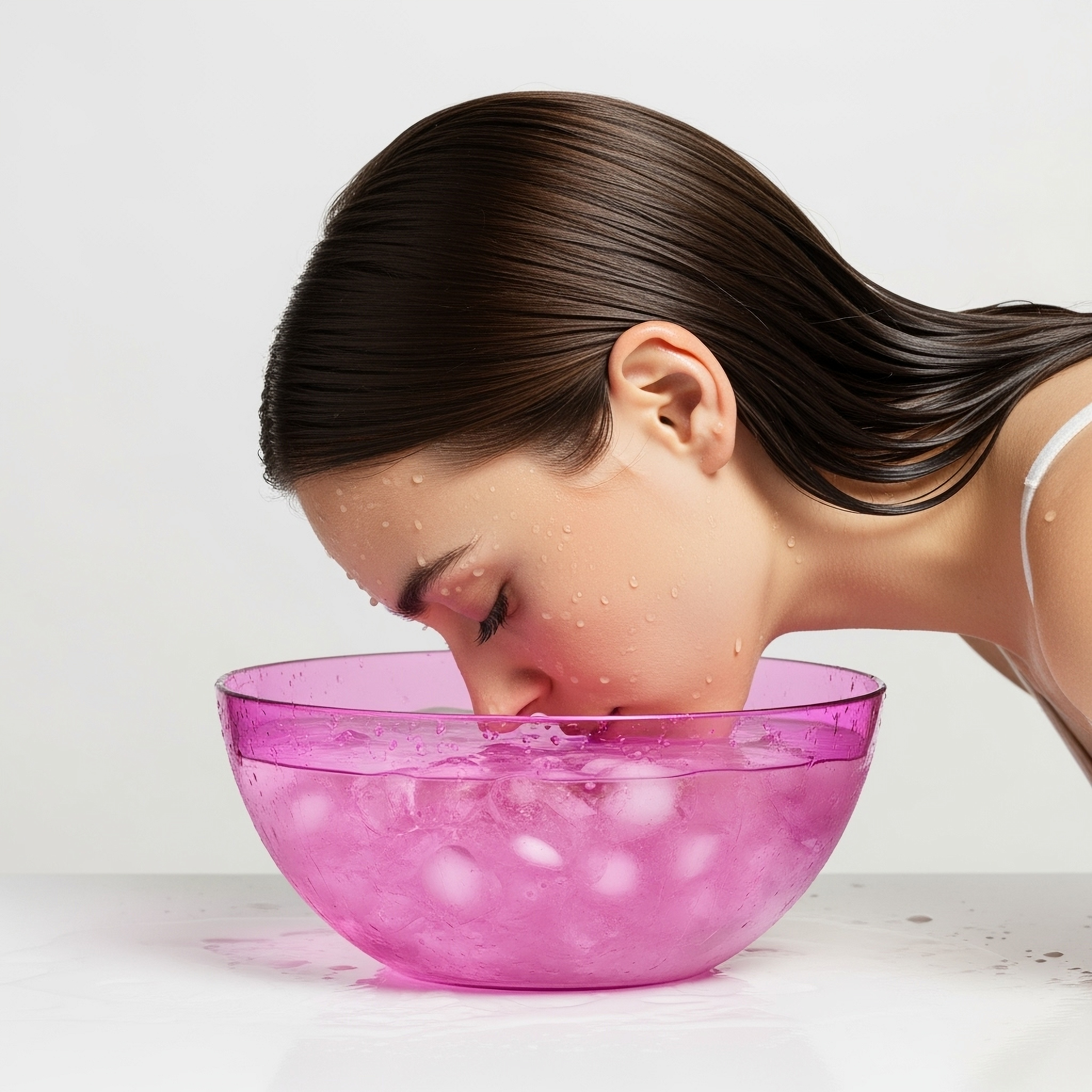 Studio,Shot,Photo,Of,Woman,Leaning,Over,Into,Bowl,With